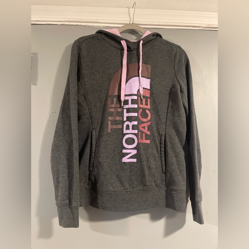 The North Face Hoodie Gray Purple Pullover Pockets Vertical Logo Size S - Picture 1 of 9